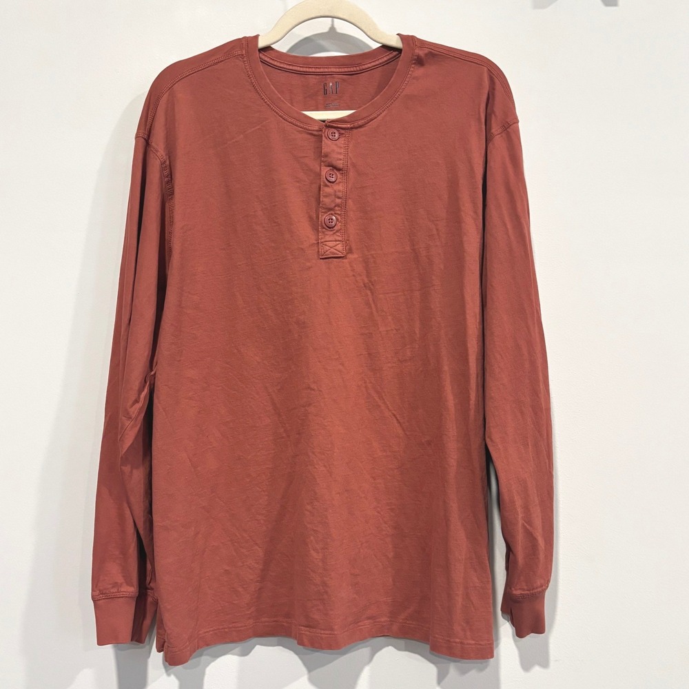 GAP Mens Henley Shirt Large Burnt Orange Cotton Earthy Minimalist Layering 21397